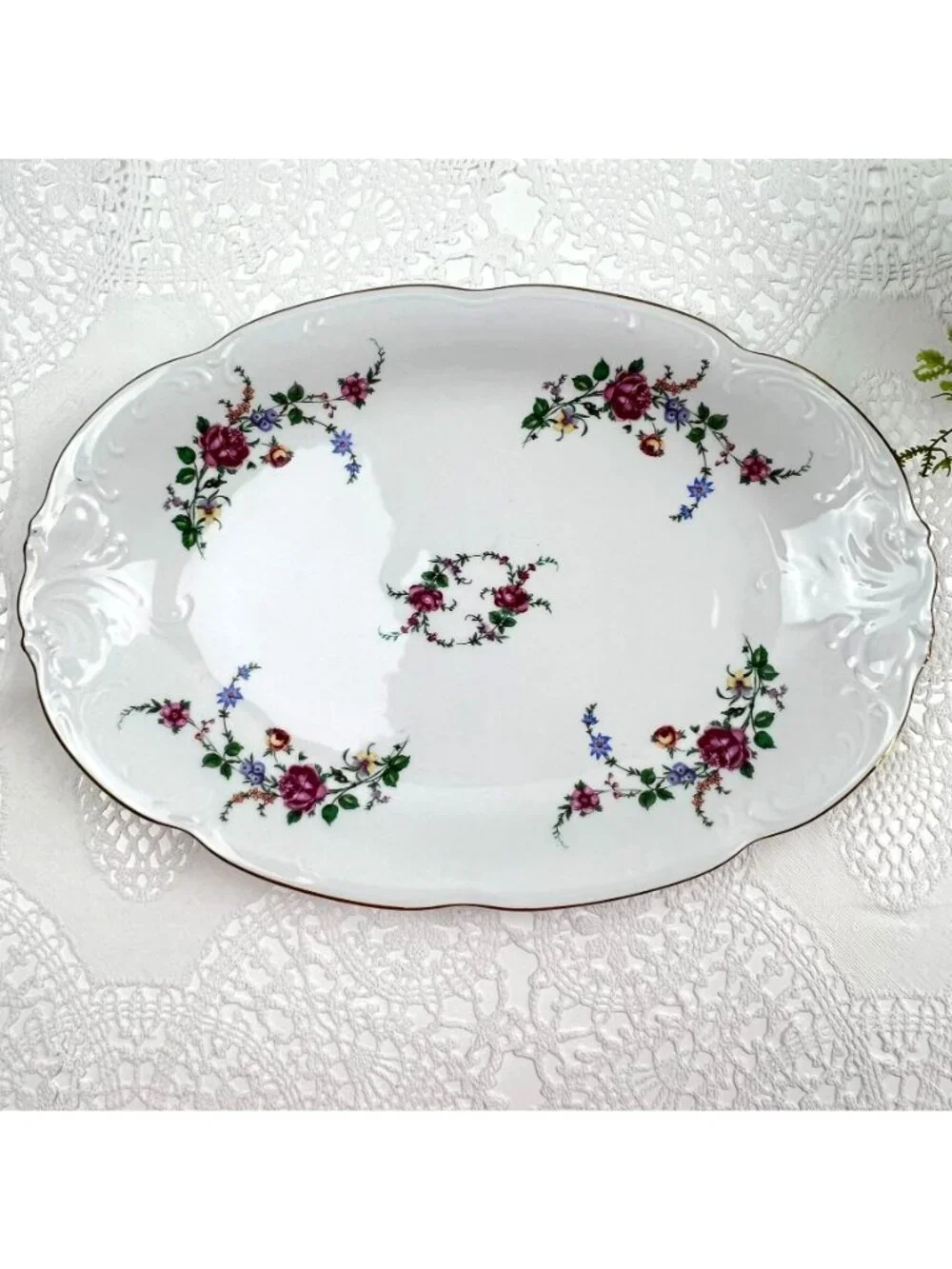 Wawel Poland Serving Platter Embossed Scalloped White Pink Roses 13